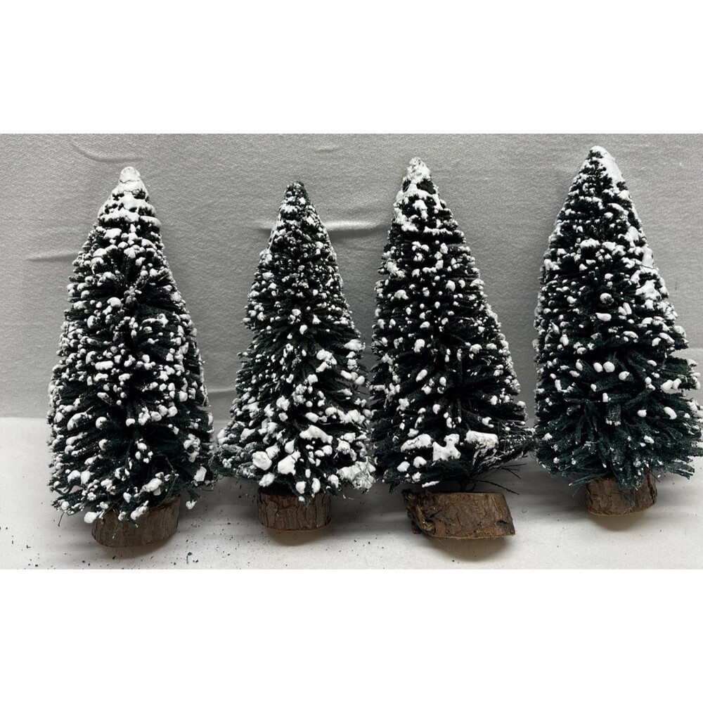 Vintage Lot of 4 Christmas Bottle Brush Snow Frosted Tree Wood Base 6" Tall